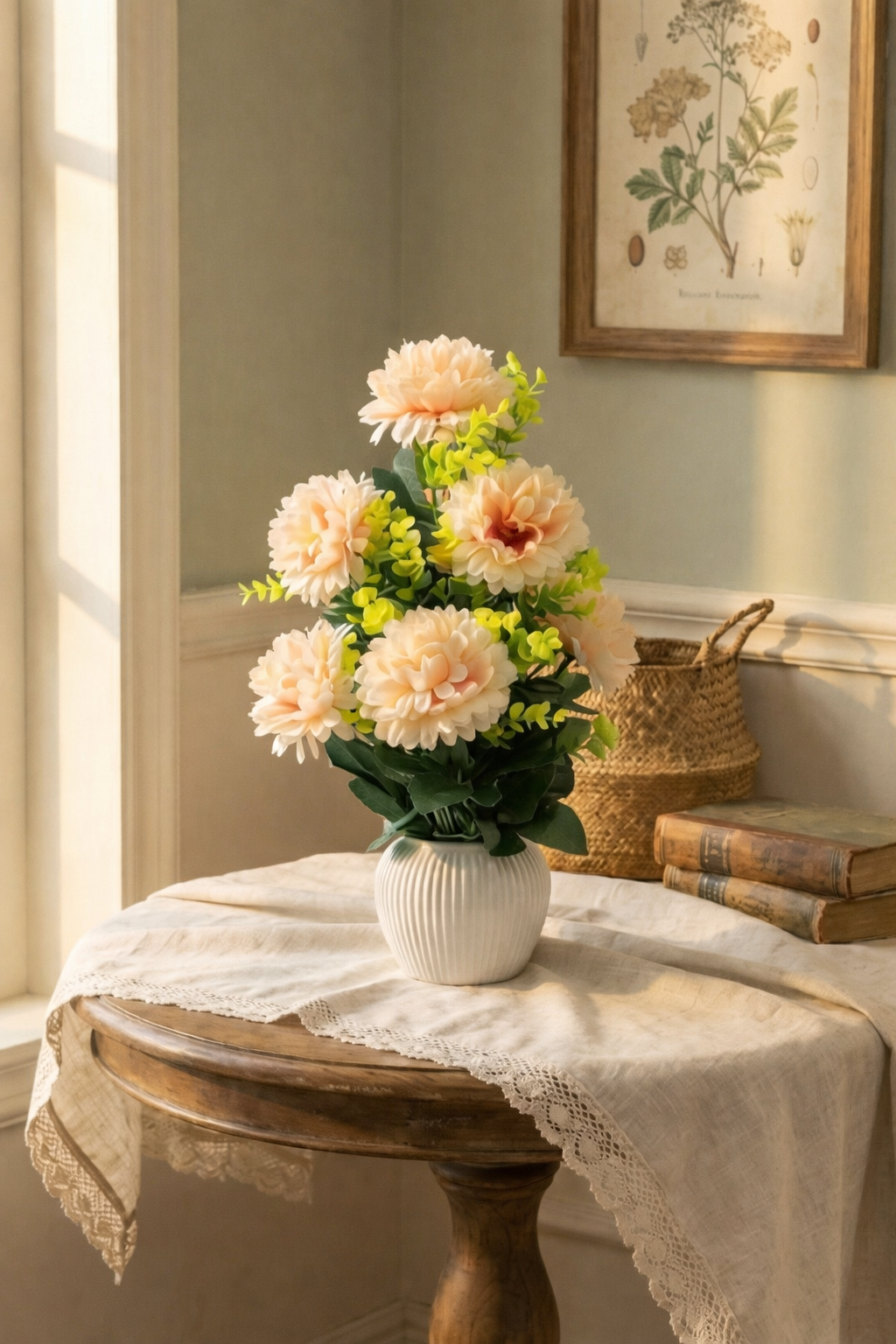 Premium Faux Peach Dahlia Arrangement in Ribbed Vase