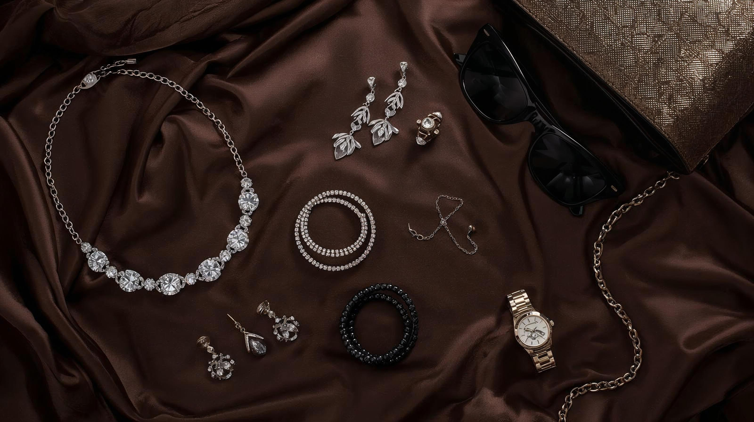 Collection of jewelry including a necklace, earrings, bracelet, and watch on brown fabric.
