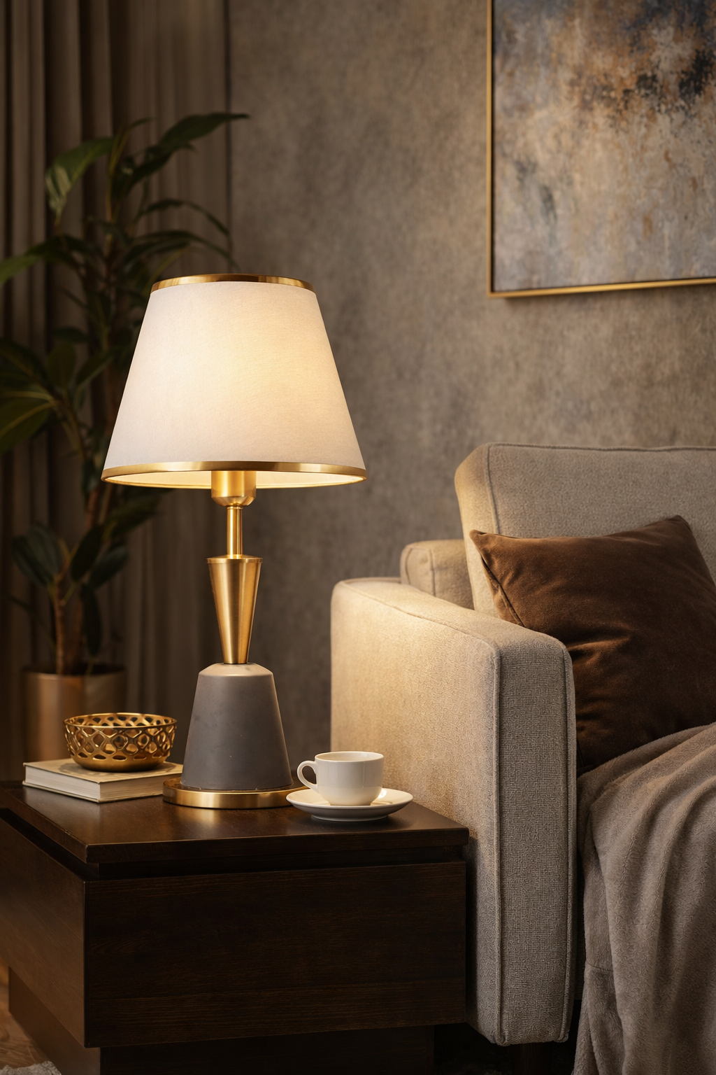Luxury Modern Table Lamp with White Fabric Shade & Gold Finish Base