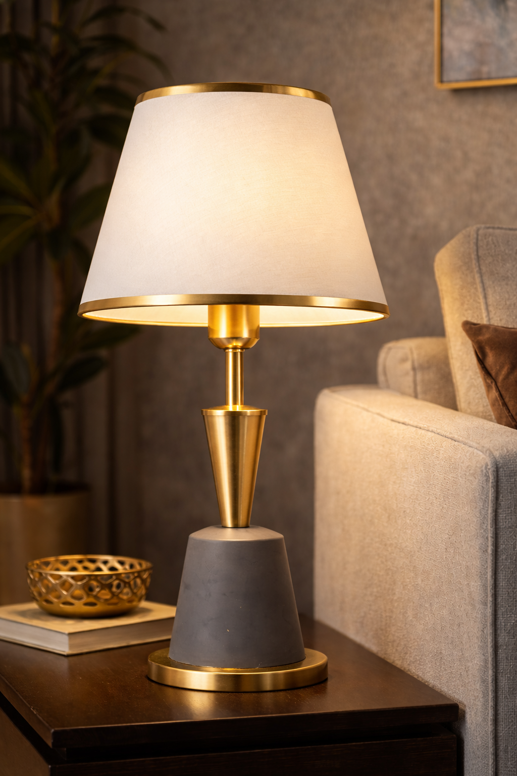 Luxury Modern Table Lamp with White Fabric Shade & Gold Finish Base
