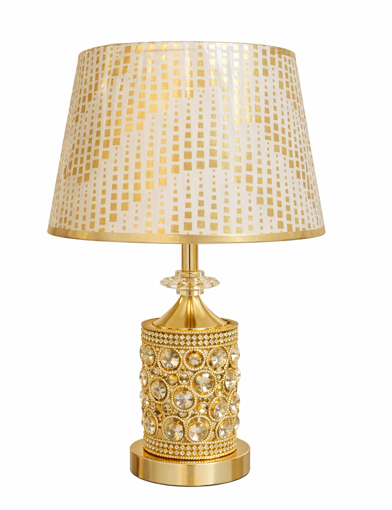 Luxury Crystal Gold Table Lamp with Designer Fabric Shade – Elegant Day & Night Accent Lamp