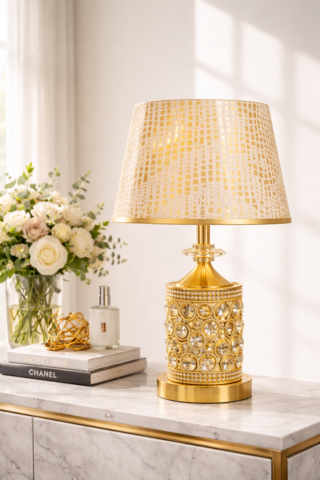 Luxury Crystal Gold Table Lamp with Designer Fabric Shade – Elegant Day & Night Accent Lamp