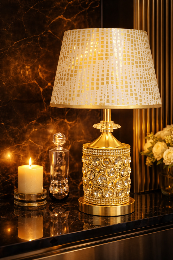 Luxury Crystal Gold Table Lamp with Designer Fabric Shade – Elegant Day & Night Accent Lamp