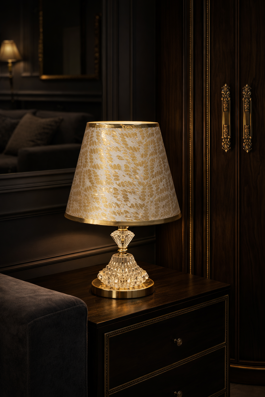 Premium Crystal & Gold Table Lamp with Designer Fabric Shade – Elegant Day & Night Accent Lamp for Living Room