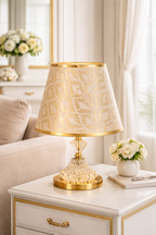 Premium Crystal & Gold Table Lamp with Designer Fabric Shade – Elegant Day & Night Accent Lamp for Living Room