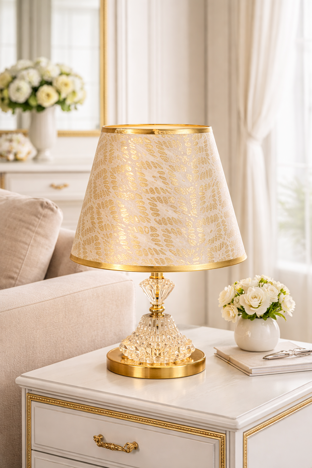 Premium Crystal & Gold Table Lamp with Designer Fabric Shade – Elegant Day & Night Accent Lamp for Living Room