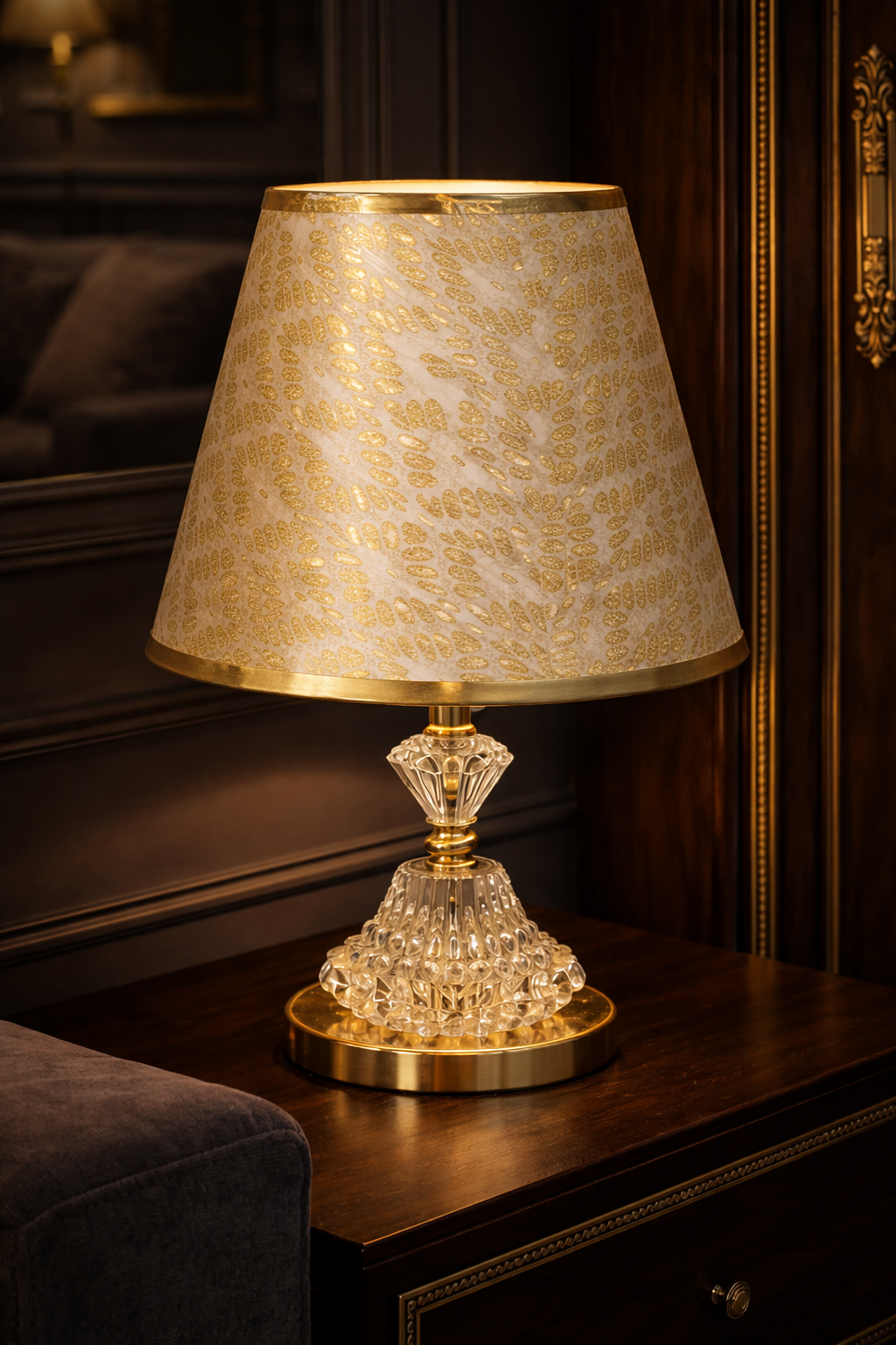 Premium Crystal & Gold Table Lamp with Designer Fabric Shade – Elegant Day & Night Accent Lamp for Living Room