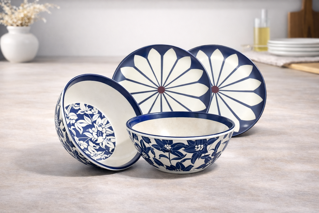 Indigo Floral & Petal 4-Piece Ceramic Bowl and Plate Set