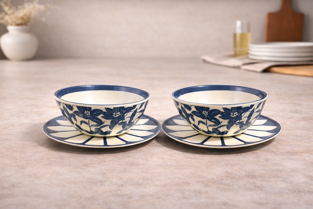 Indigo Floral & Petal 4-Piece Ceramic Bowl and Plate Set