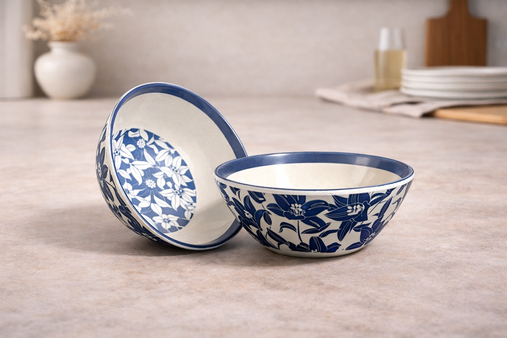 Indigo Floral & Petal 4-Piece Ceramic Bowl and Plate Set