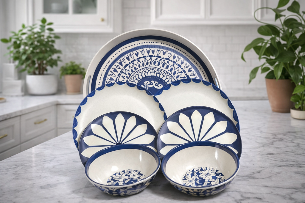 Midnight Bloom 7-Piece Melamine Dinnerware & Serving Tray Set