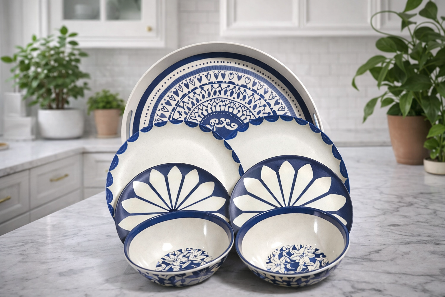 Midnight Bloom 7-Piece Melamine Dinnerware & Serving Tray Set