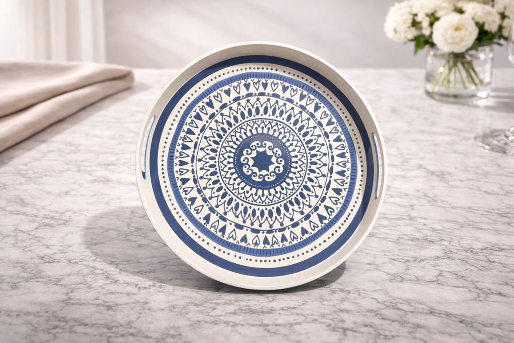 Aegean Mandala Circular Serving Tray with Integrated Handles
