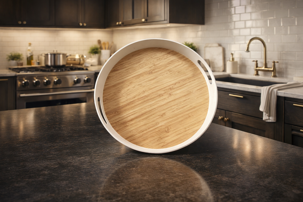 Nordic Bamboo & White Circular Ottoman Tray