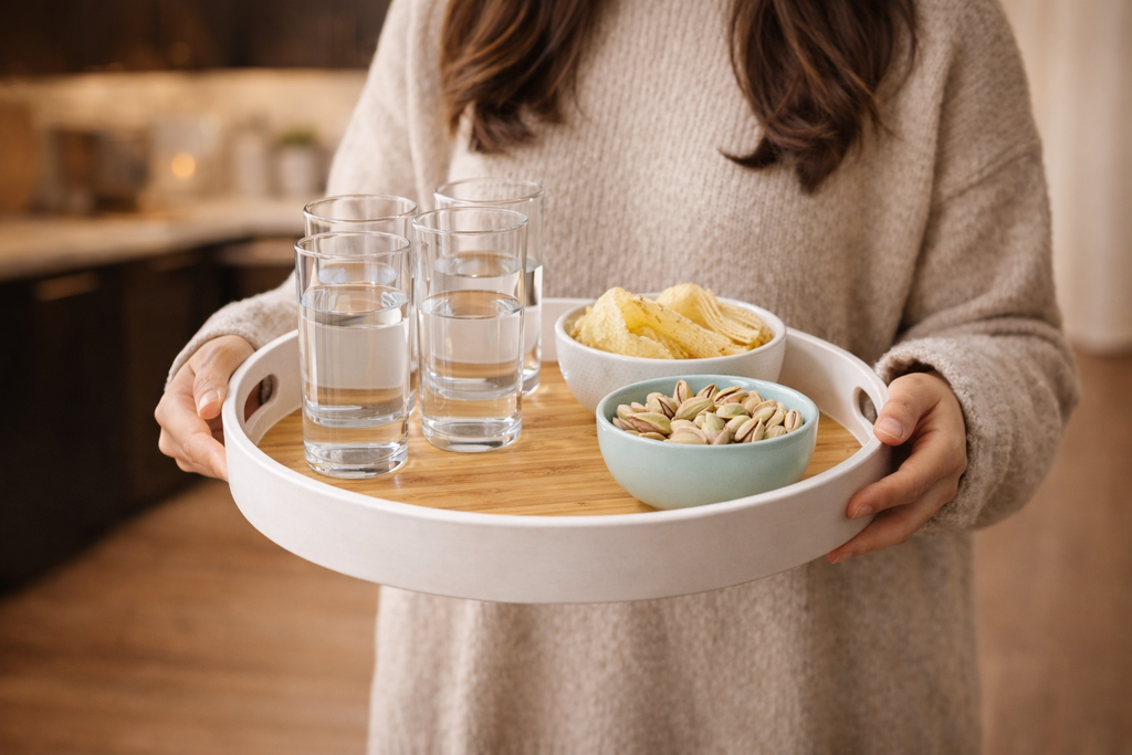 Nordic Bamboo & White Circular Ottoman Tray