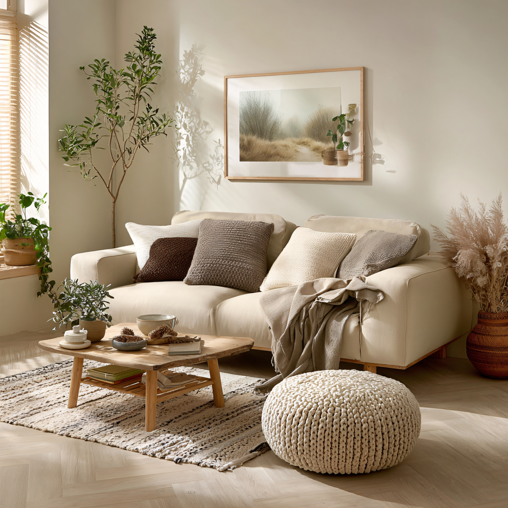Cozy living room with a beige sofa, wooden coffee table, and decorative elements.