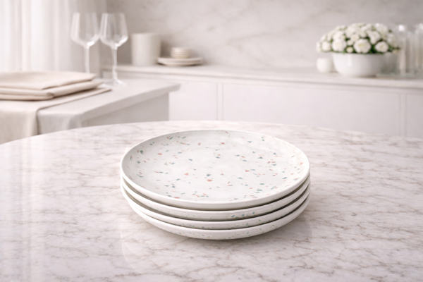 Terrazzo Pattern Porcelain Plate Set (4-Piece) with Chrome Rack
