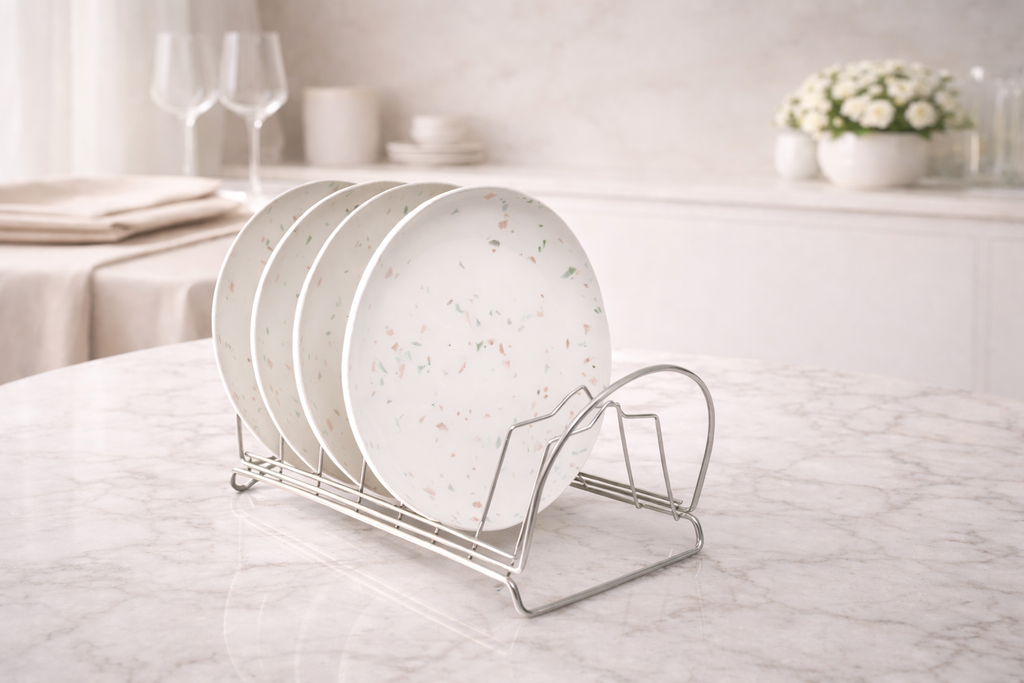 Terrazzo Pattern Porcelain Plate Set (4-Piece) with Chrome Rack