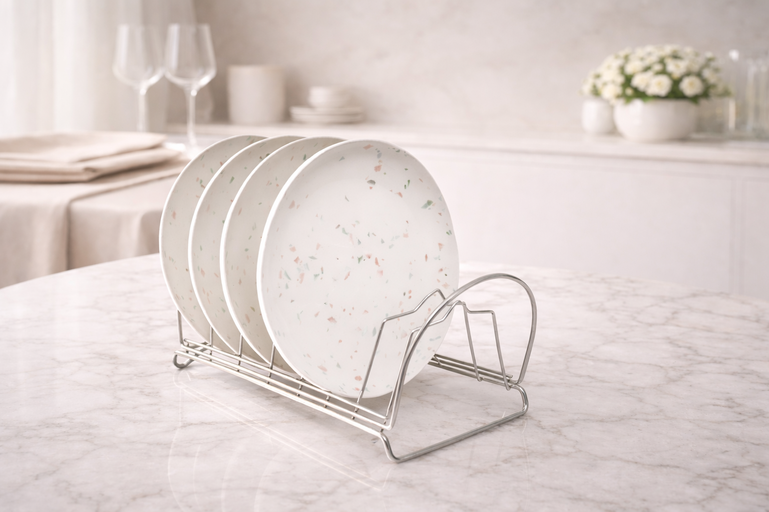 Terrazzo Pattern Porcelain Plate Set (4-Piece) with Chrome Rack