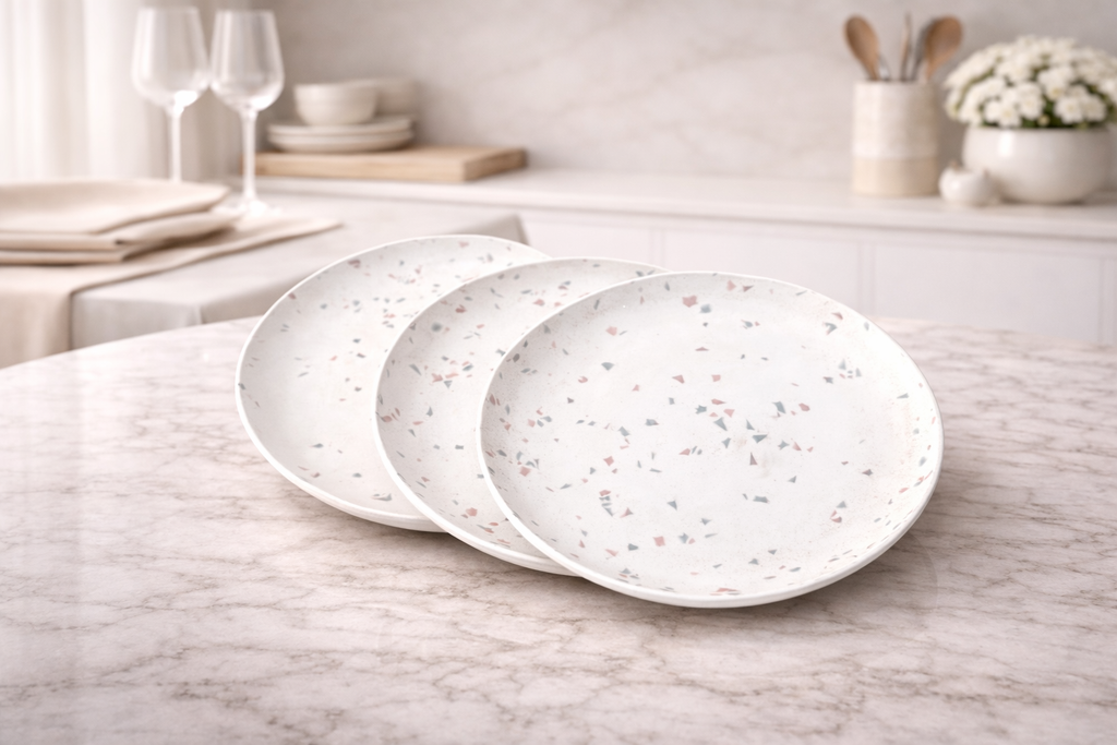 Terrazzo Pattern Porcelain Plate Set (4-Piece) with Chrome Rack