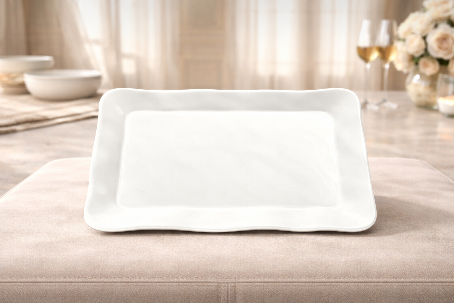Artisan Ripple Rectangular White Porcelain Platter