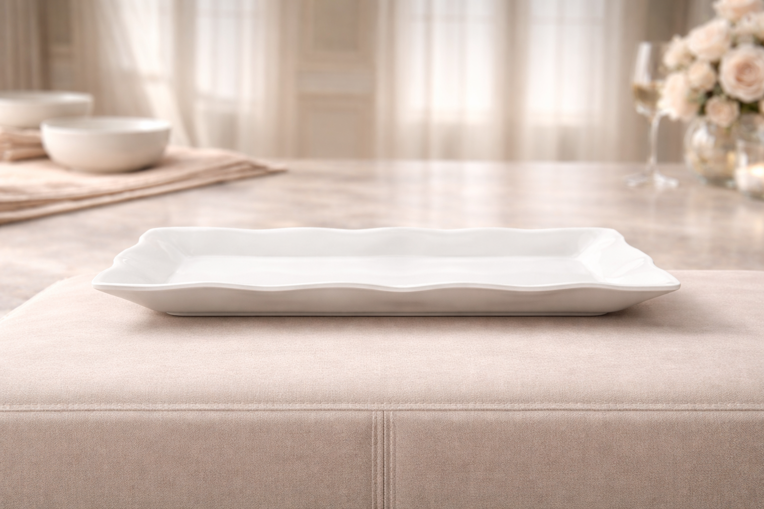 Artisan Ripple Rectangular White Porcelain Platter