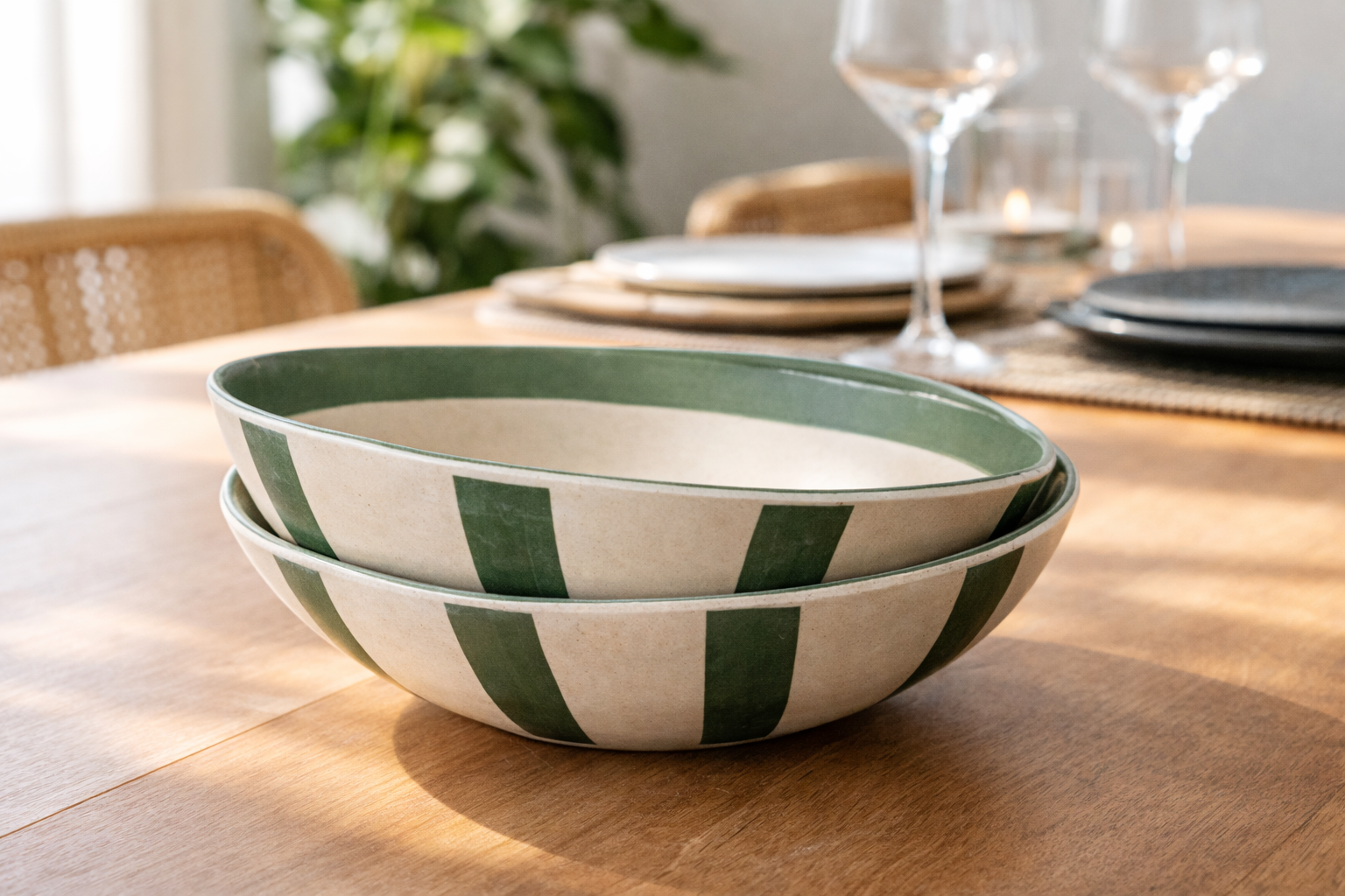 Forest Stripe 2-Piece Stoneware Pasta Bowl Set