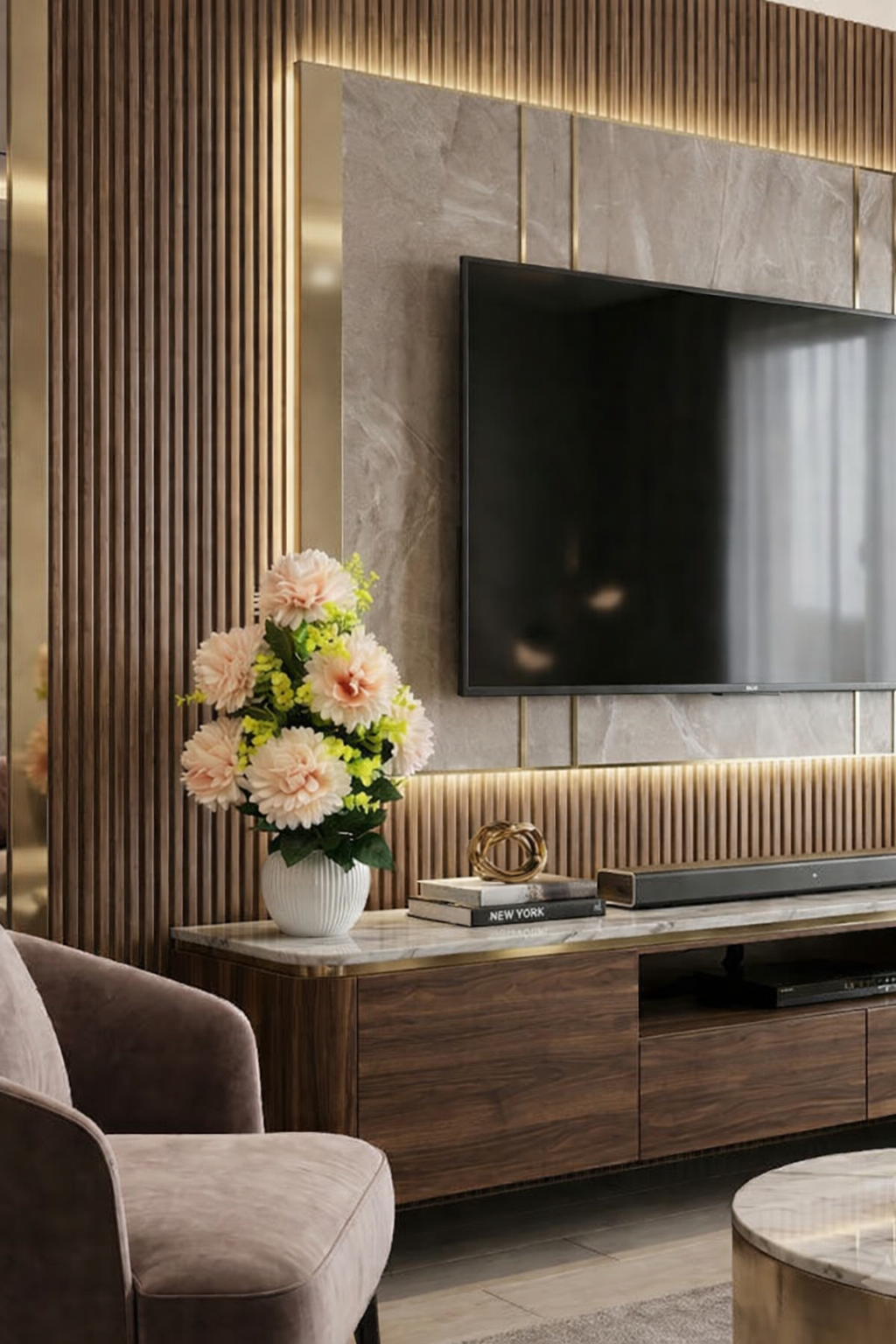 Premium Faux Peach Dahlia Arrangement in Ribbed Vase