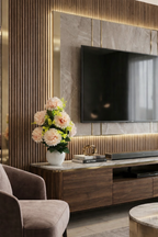 Premium Faux Peach Dahlia Arrangement in Ribbed Vase