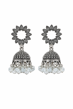Floral Bloom Oxidised Silver Jhumkas with Pearl Drops
