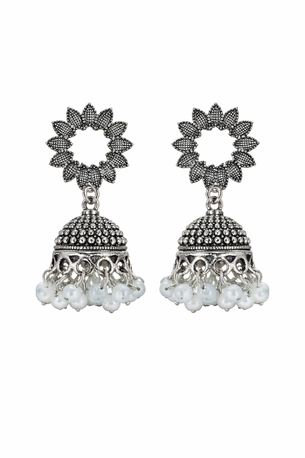 Floral Bloom Oxidised Silver Jhumkas with Pearl Drops