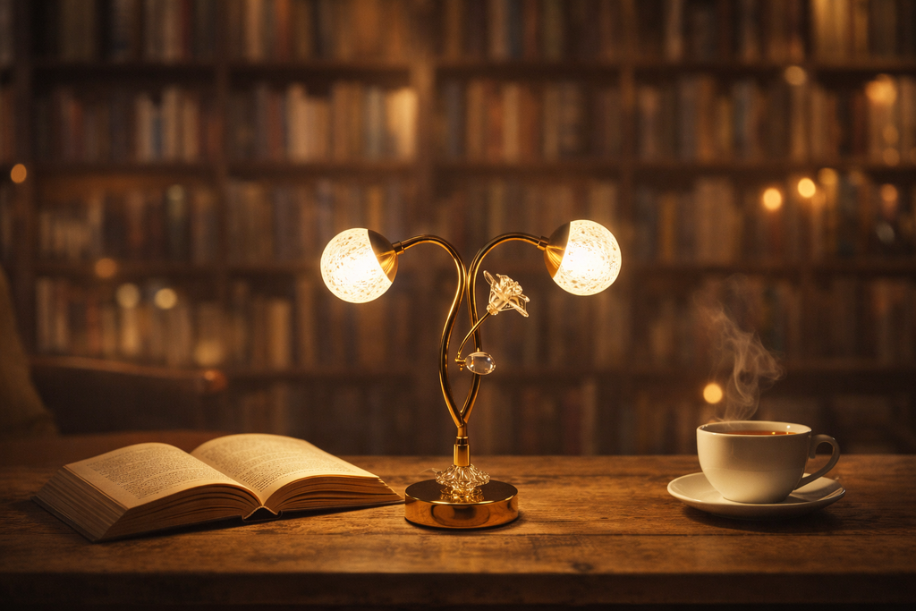 Gold Double-Arm Crystal Table Lamp with Flower