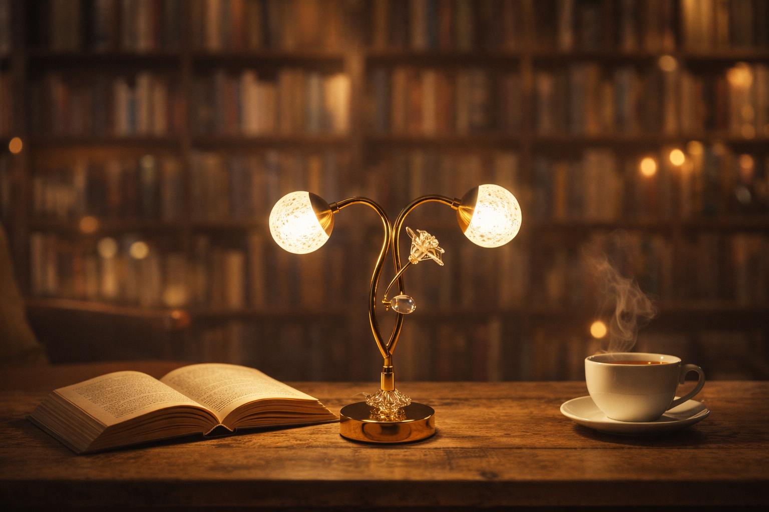 Gold Double-Arm Crystal Table Lamp with Flower