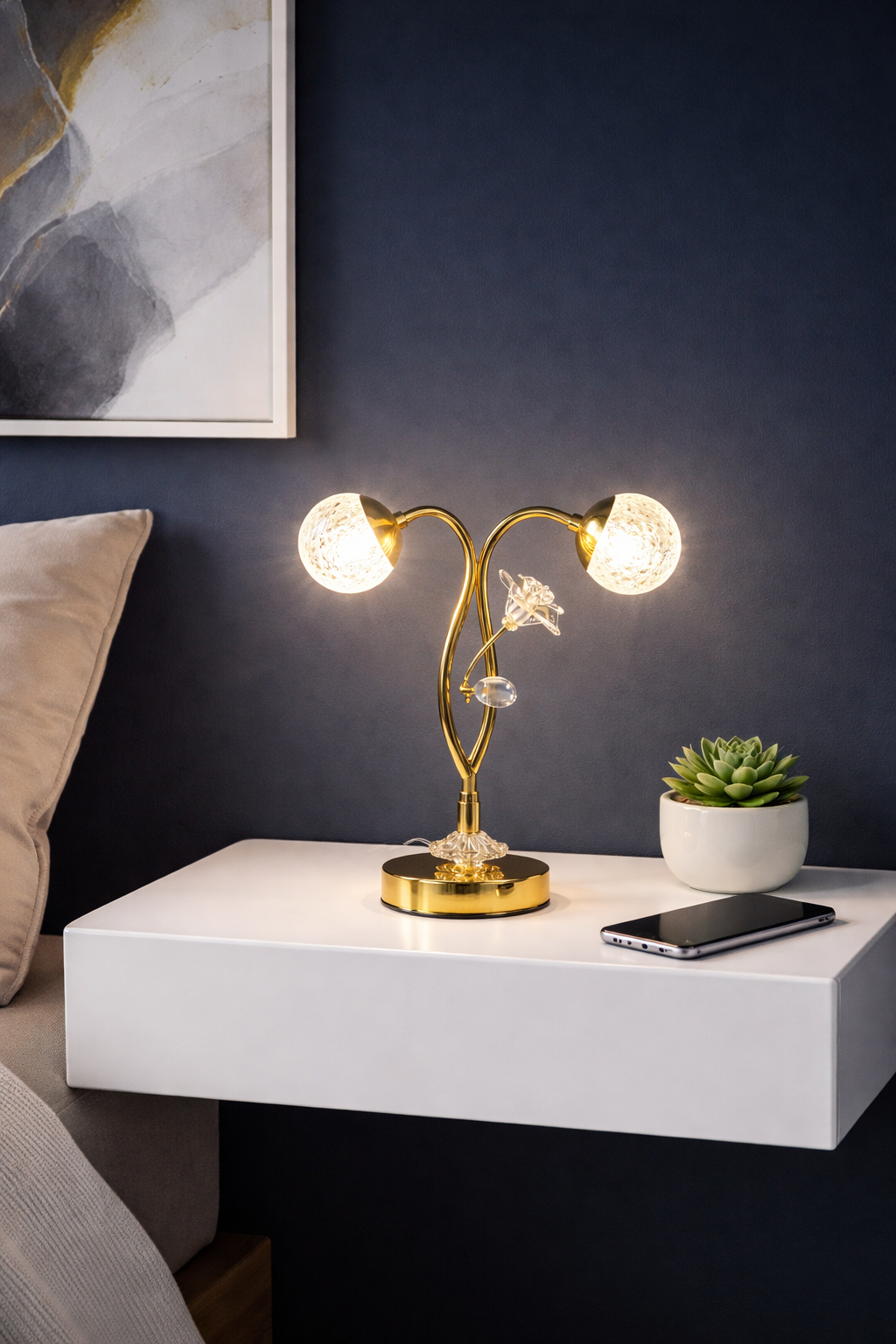 Gold Double-Arm Crystal Table Lamp with Flower