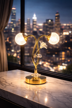 Gold Double-Arm Crystal Table Lamp with Flower