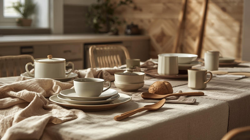 Café setting with ceramic cups, plates, and a loaf of bread on a wooden table.