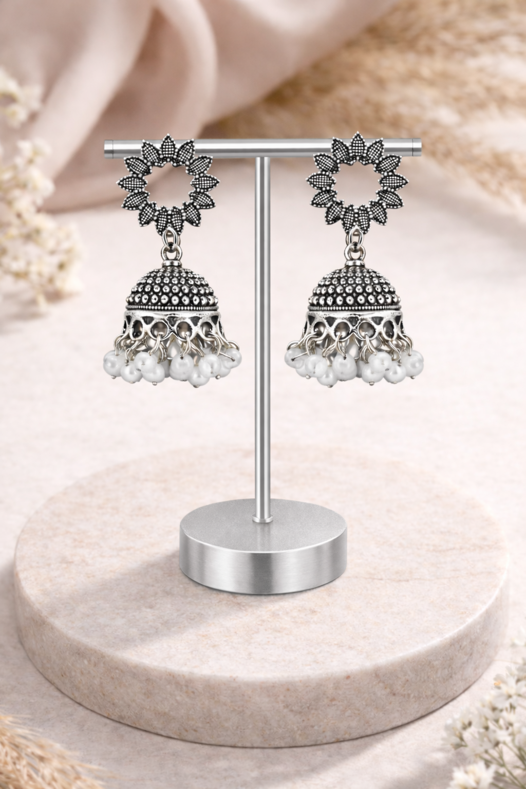 Floral Bloom Oxidised Silver Jhumkas with Pearl Drops