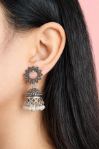 Floral Bloom Oxidised Silver Jhumkas with Pearl Drops