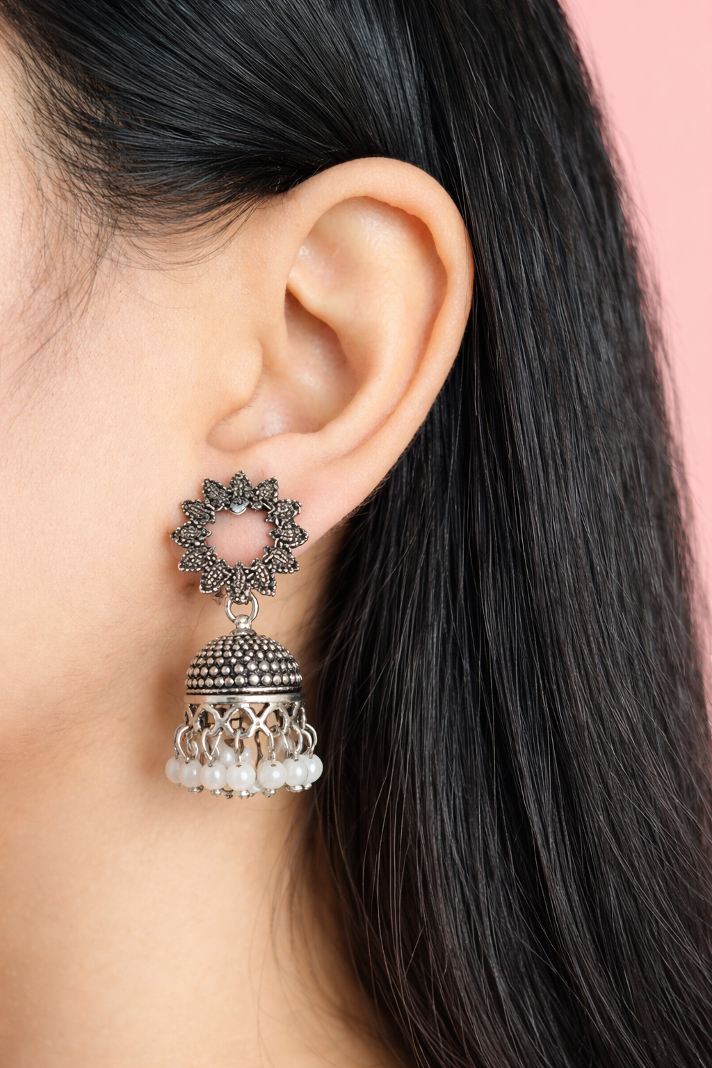 Floral Bloom Oxidised Silver Jhumkas with Pearl Drops