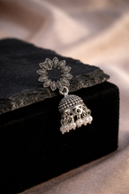 Floral Bloom Oxidised Silver Jhumkas with Pearl Drops