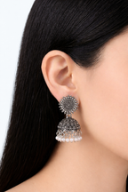 Mandala Sunburst Oxidised Jhumkas with White Beads