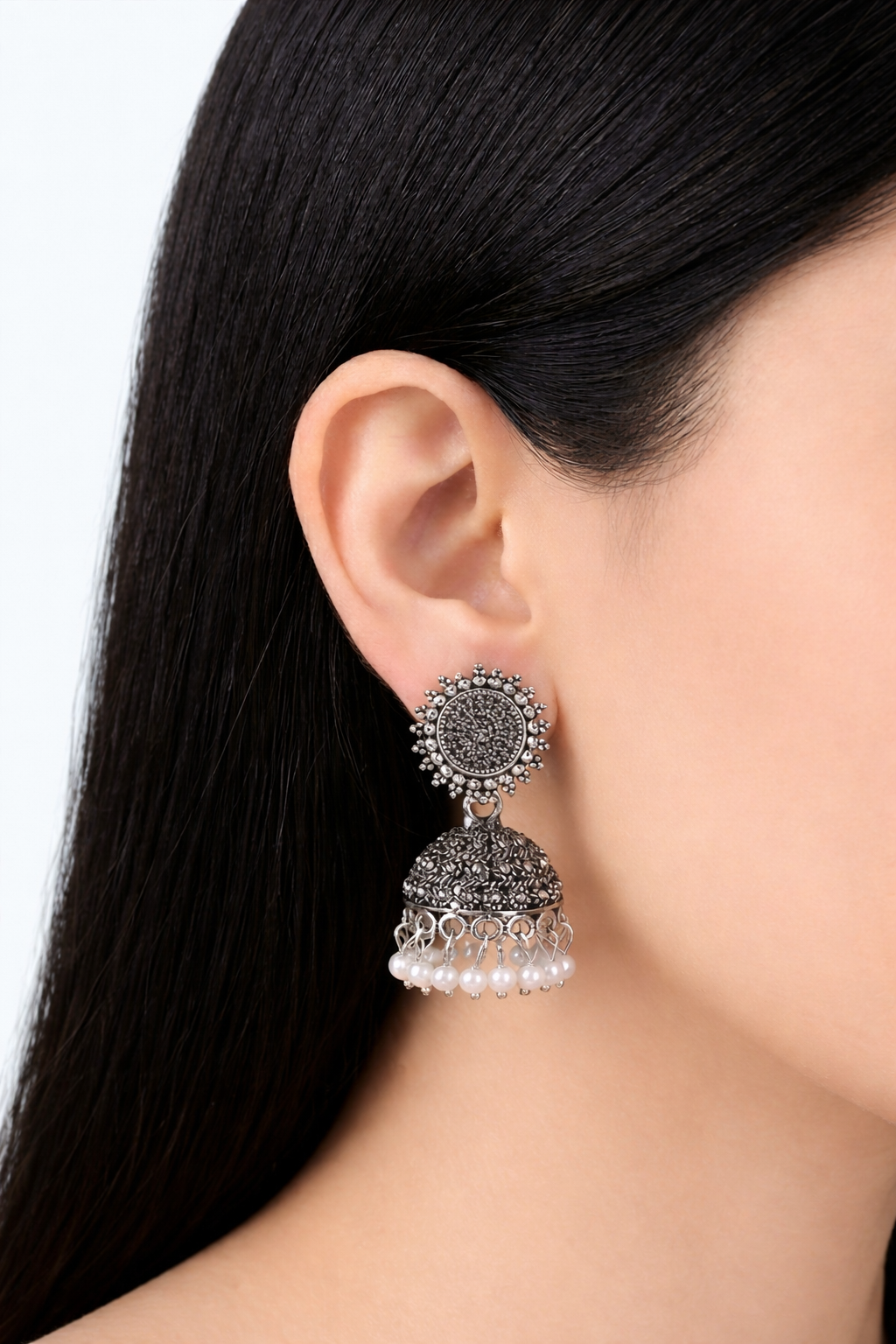 Mandala Sunburst Oxidised Jhumkas with White Beads