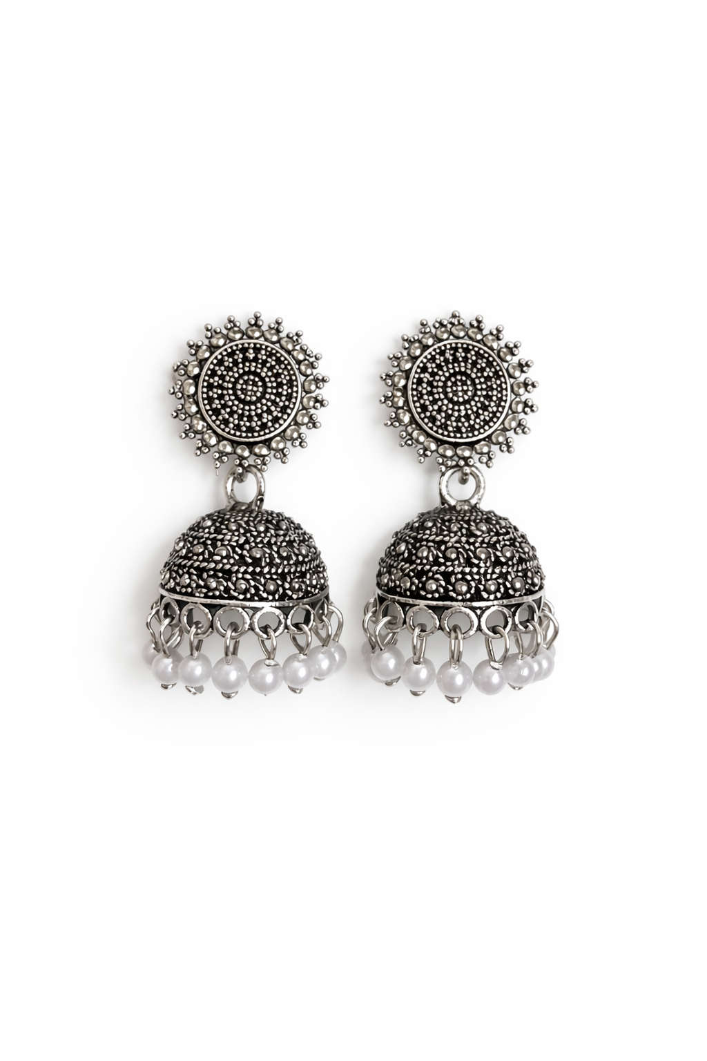 Mandala Sunburst Oxidised Jhumkas with White Beads