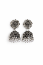 Mandala Sunburst Oxidised Jhumkas with White Beads