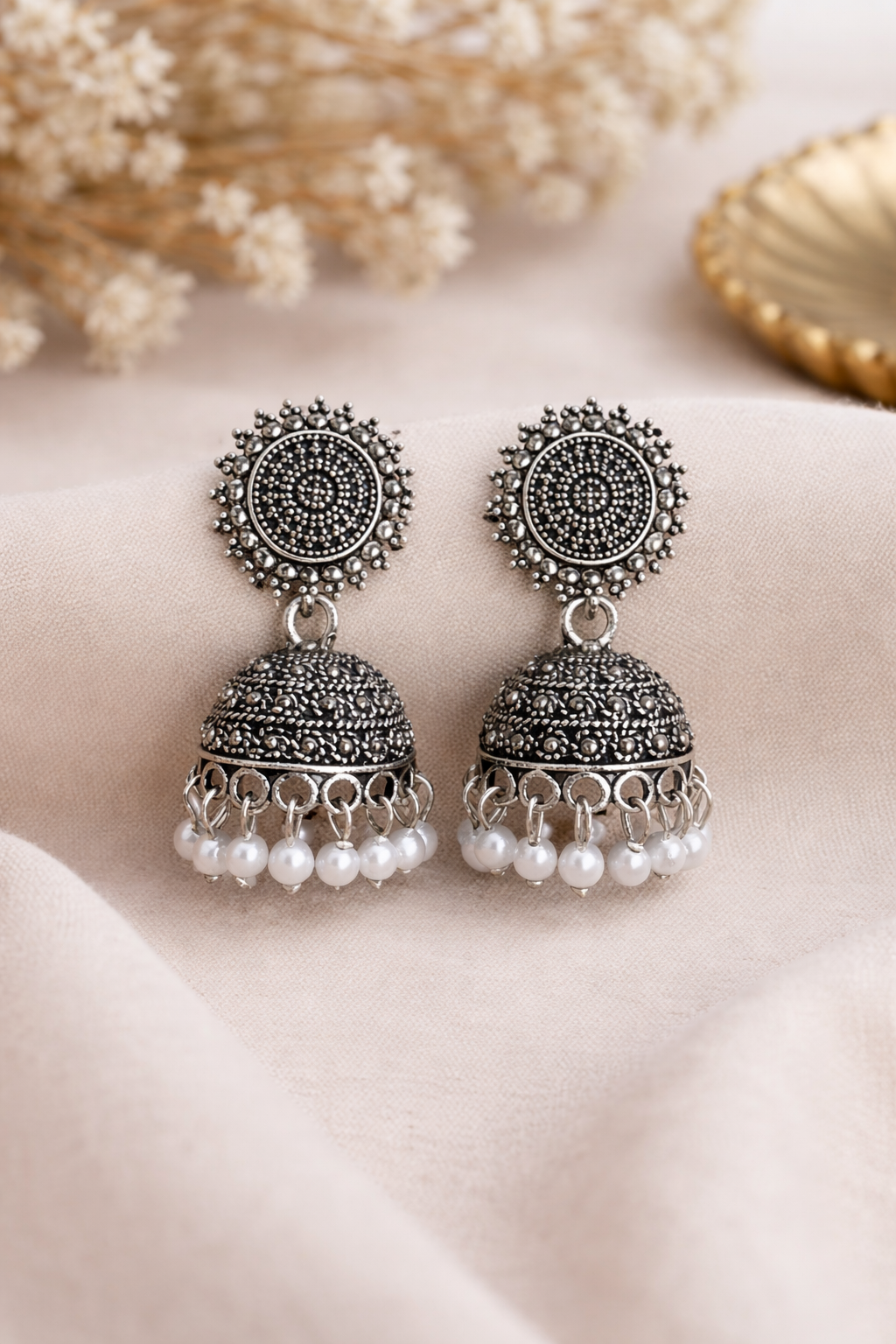 Mandala Sunburst Oxidised Jhumkas with White Beads