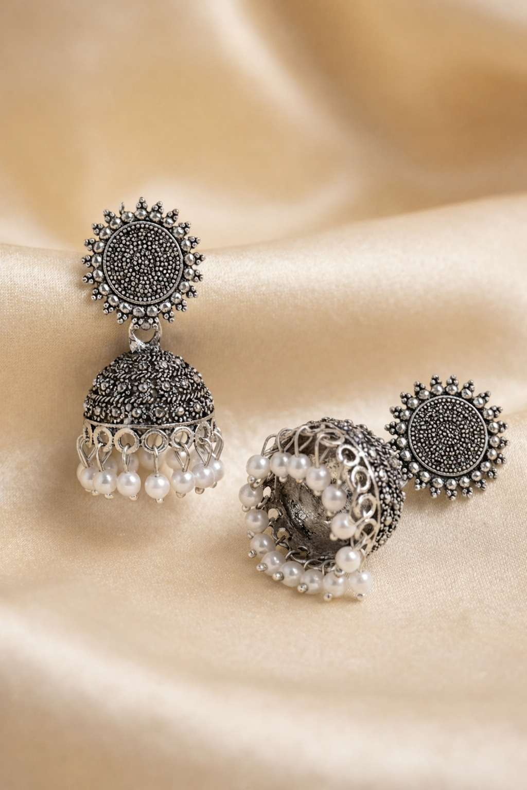 Mandala Sunburst Oxidised Jhumkas with White Beads