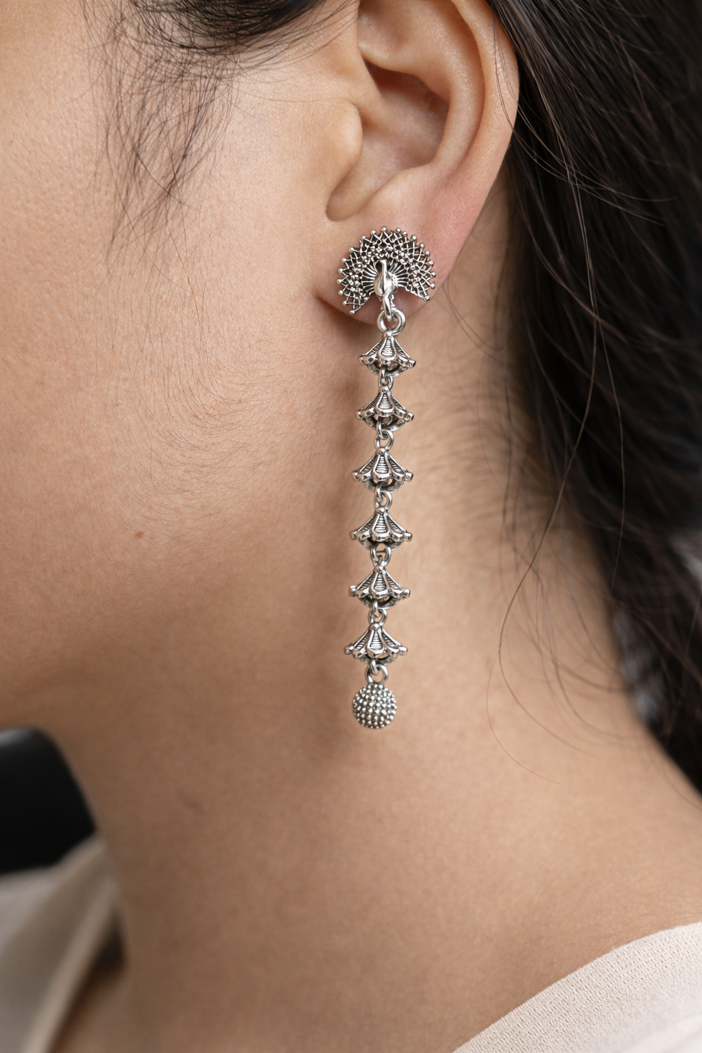 Long Tiered Peacock Drop Oxidised Earrings