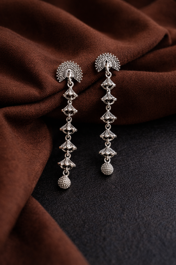 Long Tiered Peacock Drop Oxidised Earrings