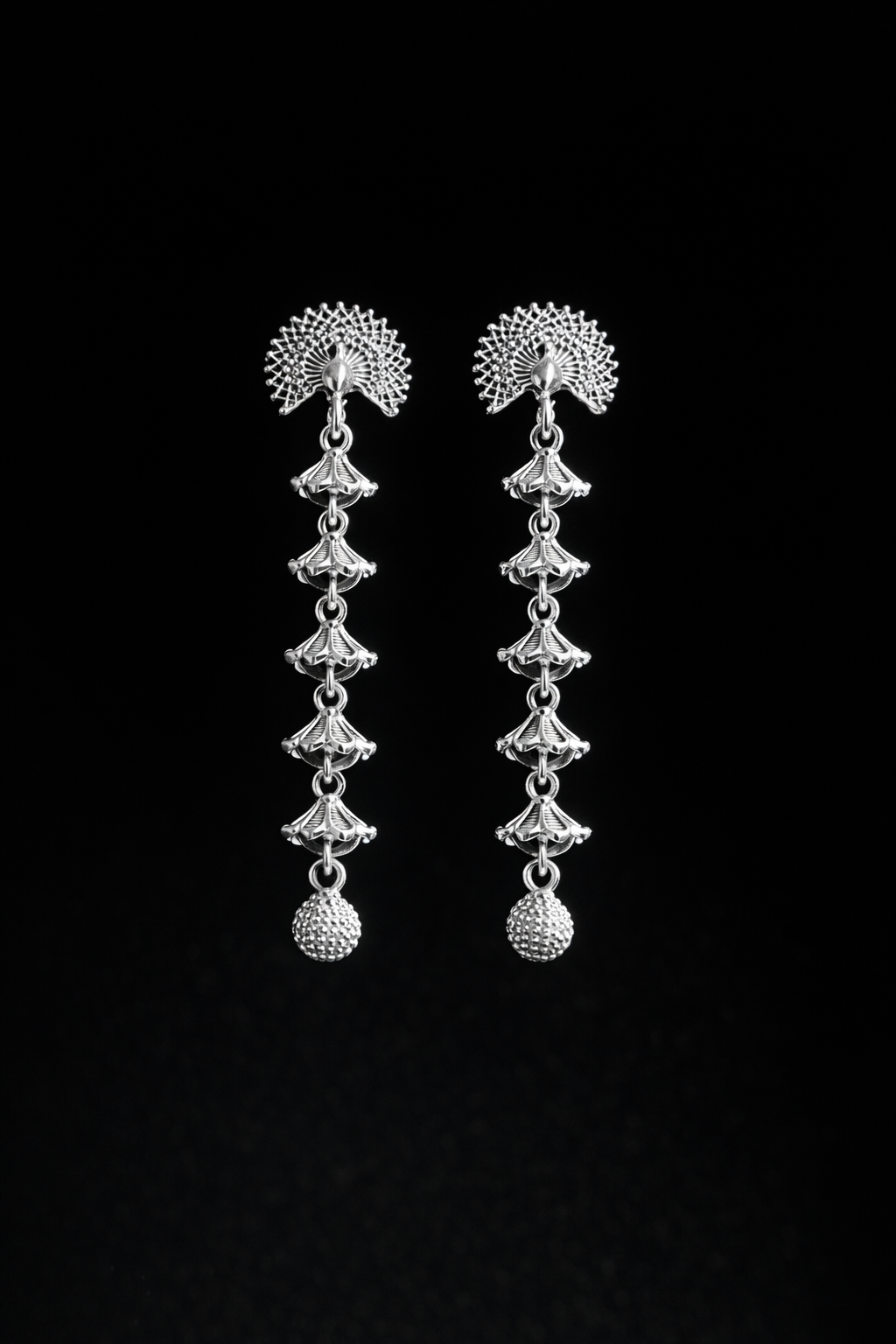 Long Tiered Peacock Drop Oxidised Earrings