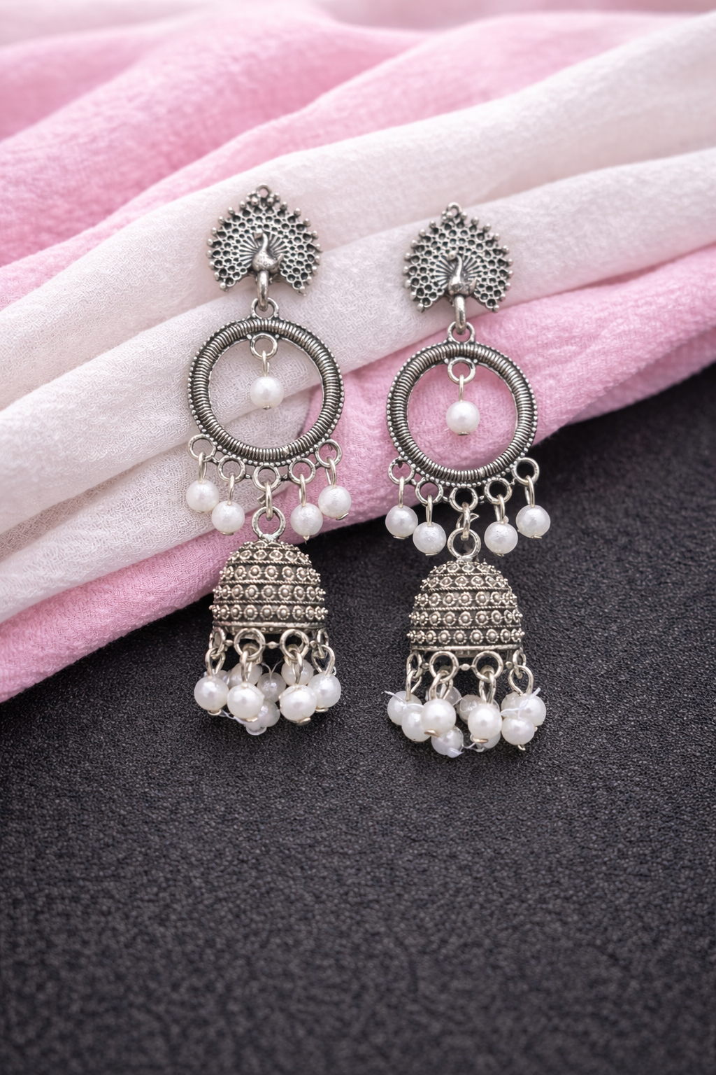 Tribal Peacock Hoop Jhumkas with Pearl Accents